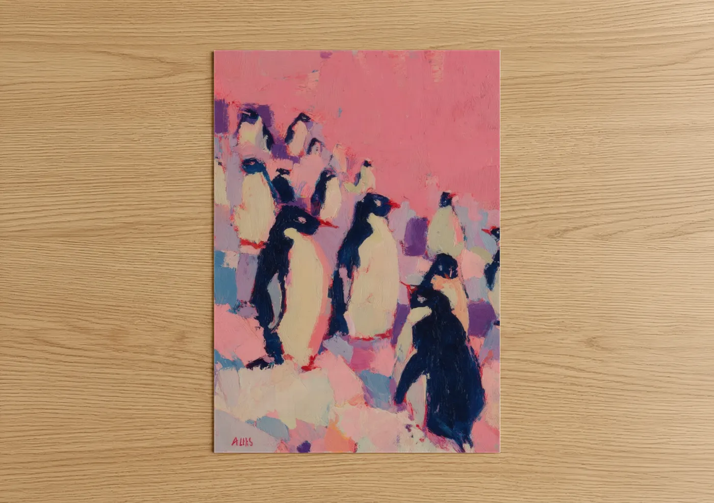 Pink Penguin Colony Expressionist Wall Art