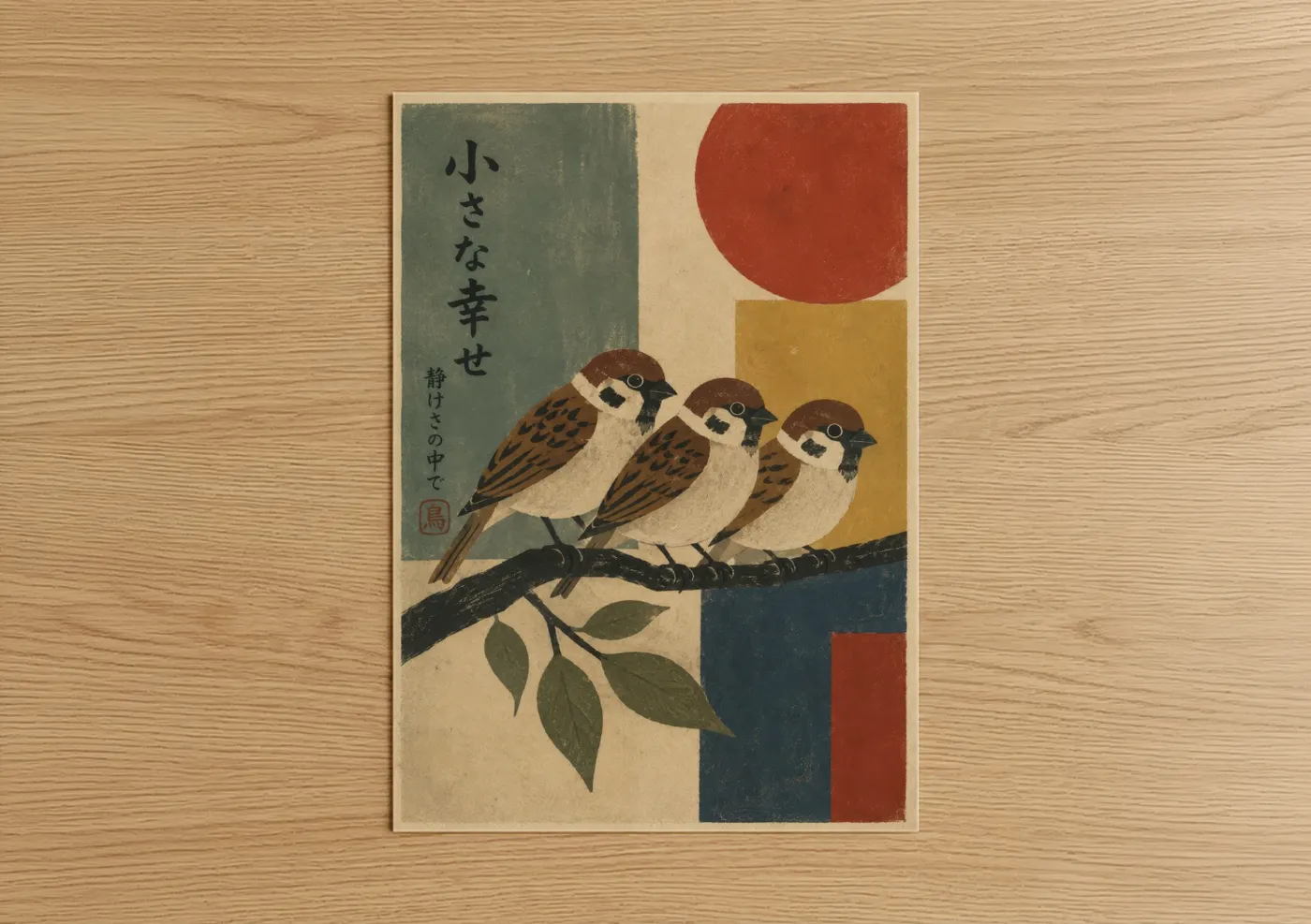 Birds art print on warm oak wood — beige and russet palette — Japanese Sparrows on Branch Wall Art poster