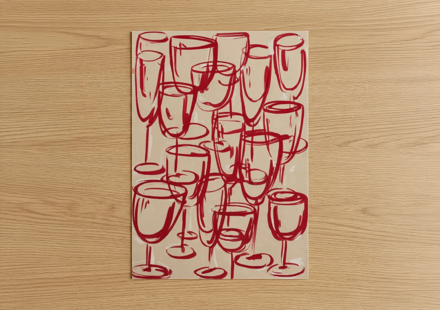 Red wine art print on warm oak wood — red and cream palette — Crimson Wine Celebration poster