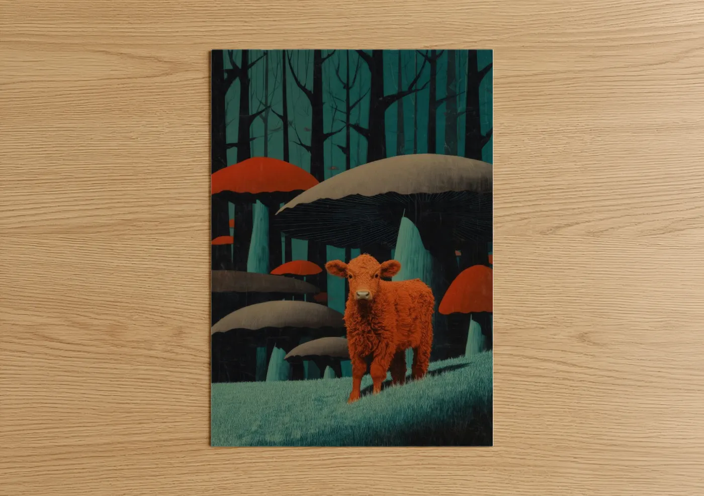 Angus cow art print on warm oak wood — russet and teal palette — Russet Calf Forest poster