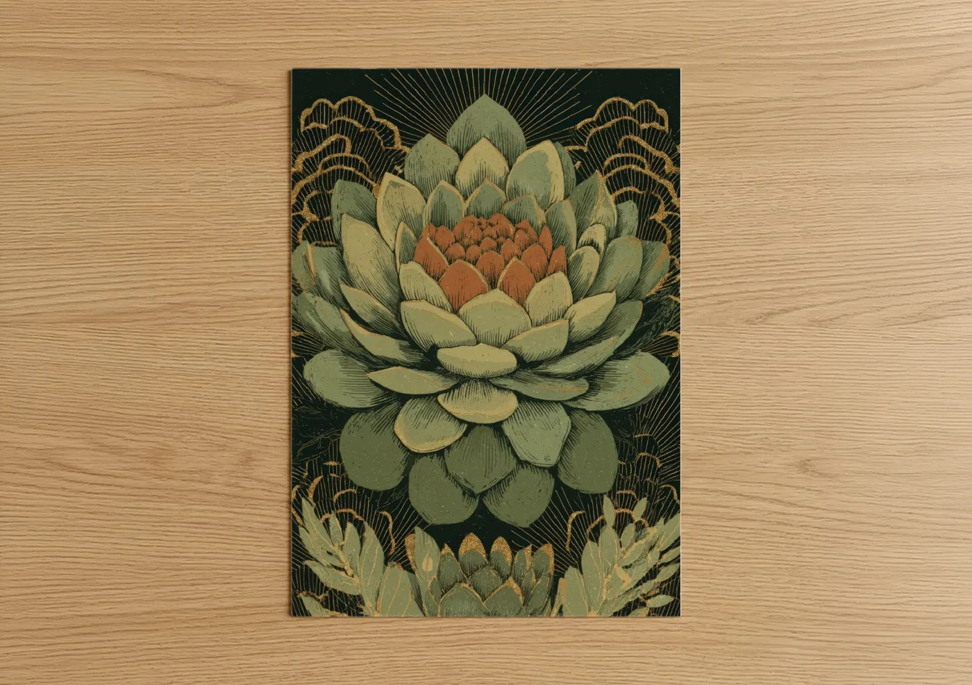 Golden Succulent Botanical Art Print Wall Art