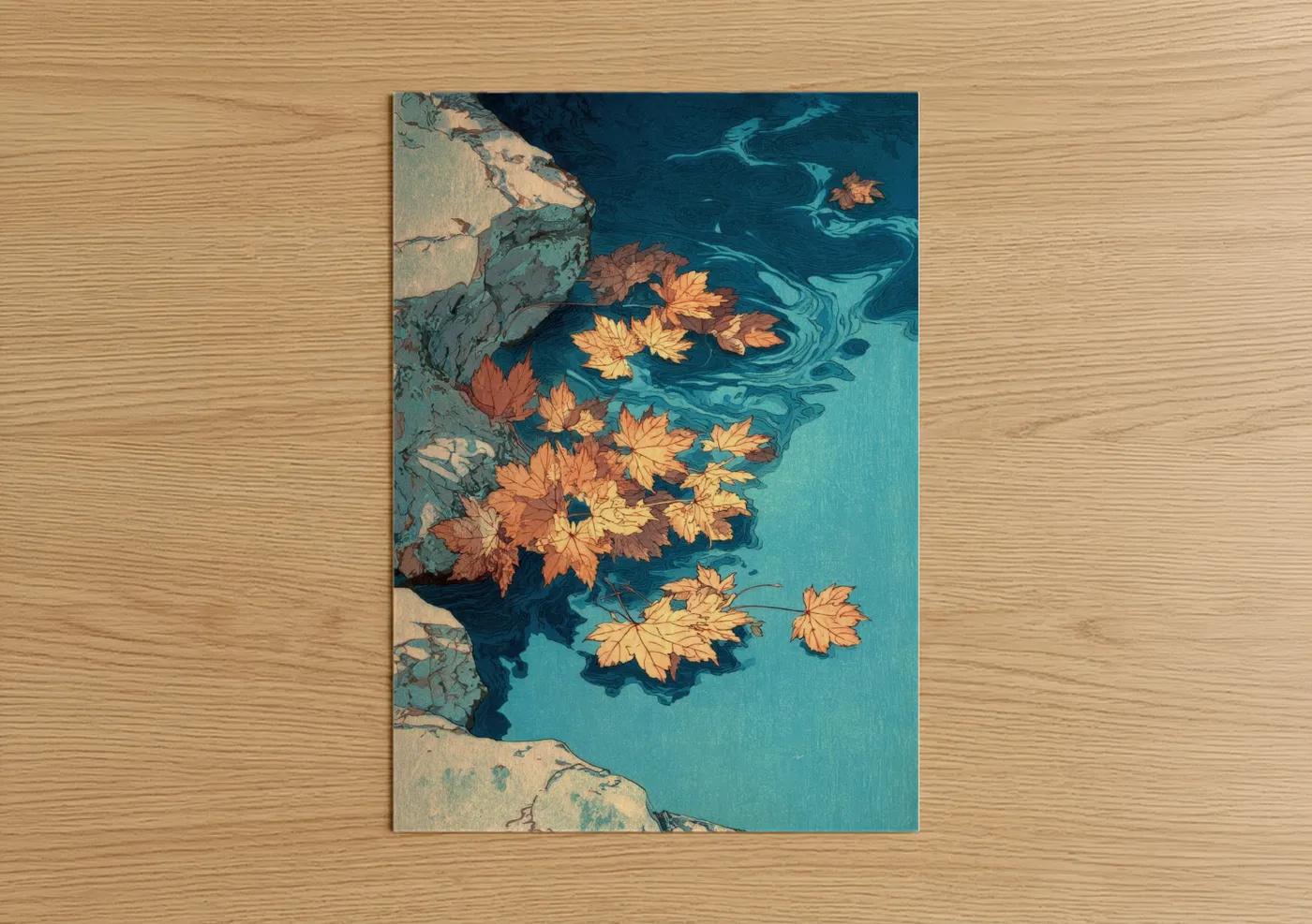 Autumn leaves floating in turquoise water Wall Art