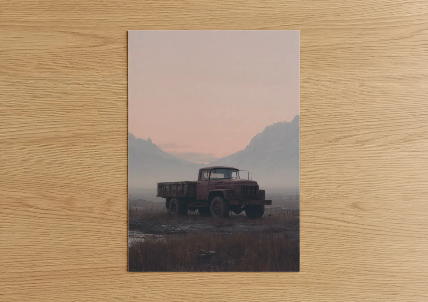 Art print on warm oak wood — dove gray and peach palette — Vintage Truck Dawn poster