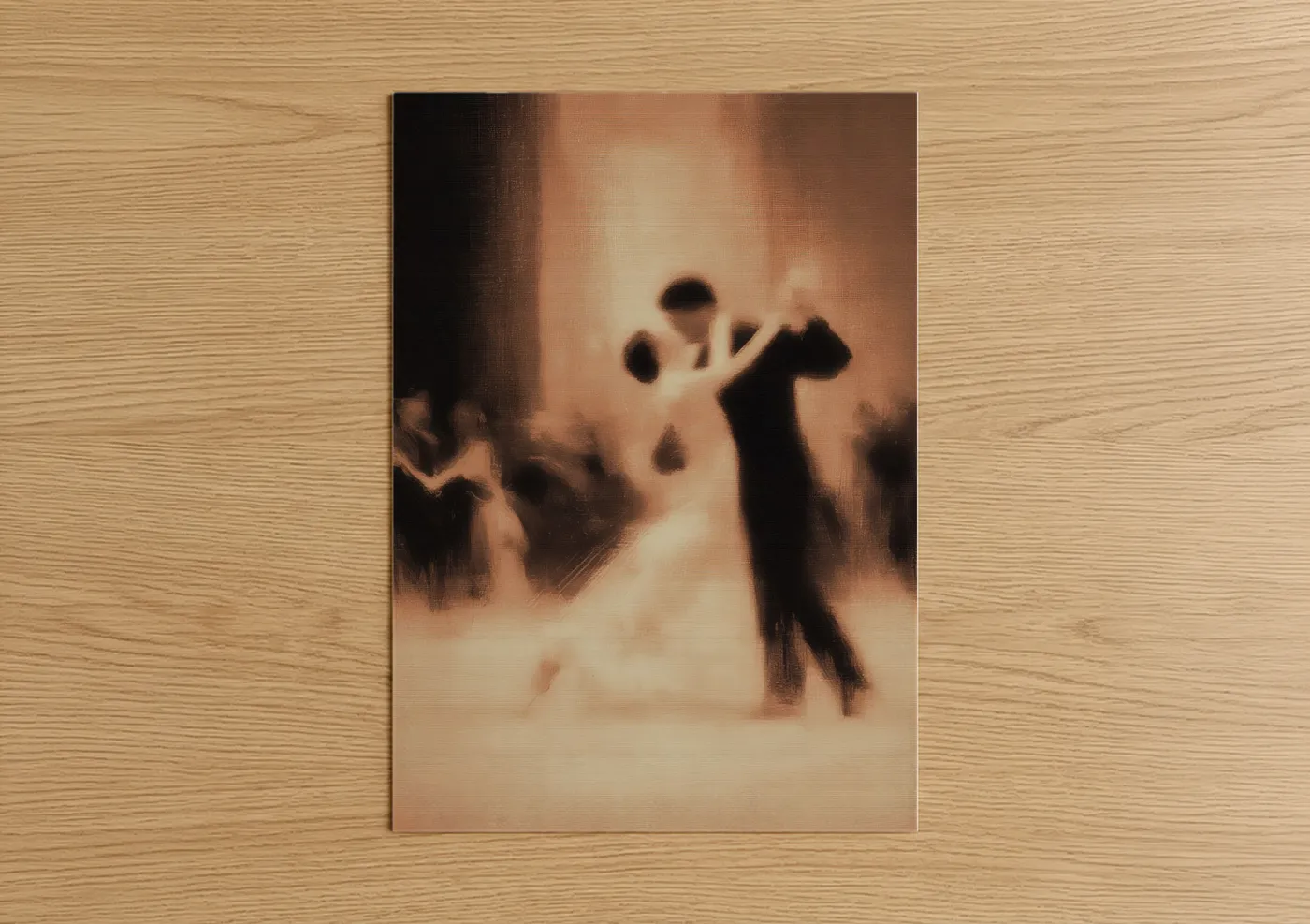Ballroom dance art print on warm oak wood — cream and russet palette — Elegant Ballroom Pair poster