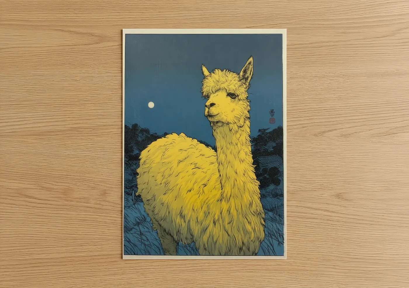 Art print on warm oak wood — blue and gold palette — Moonlit Alpaca poster