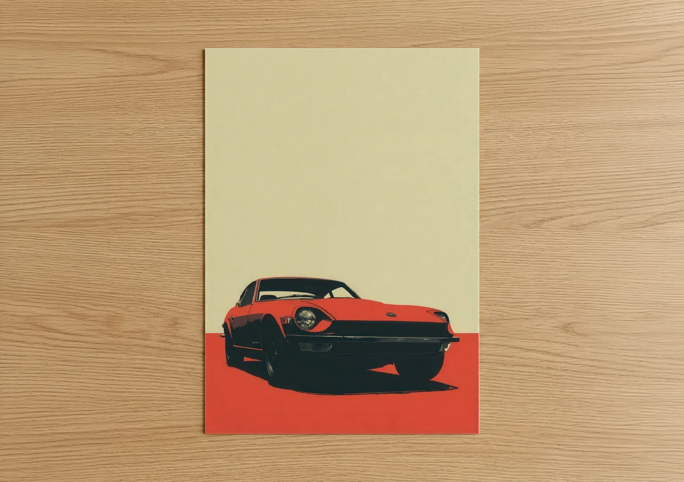 Classic car art print on warm oak wood — red and cream palette — Red Vintage Coupe poster