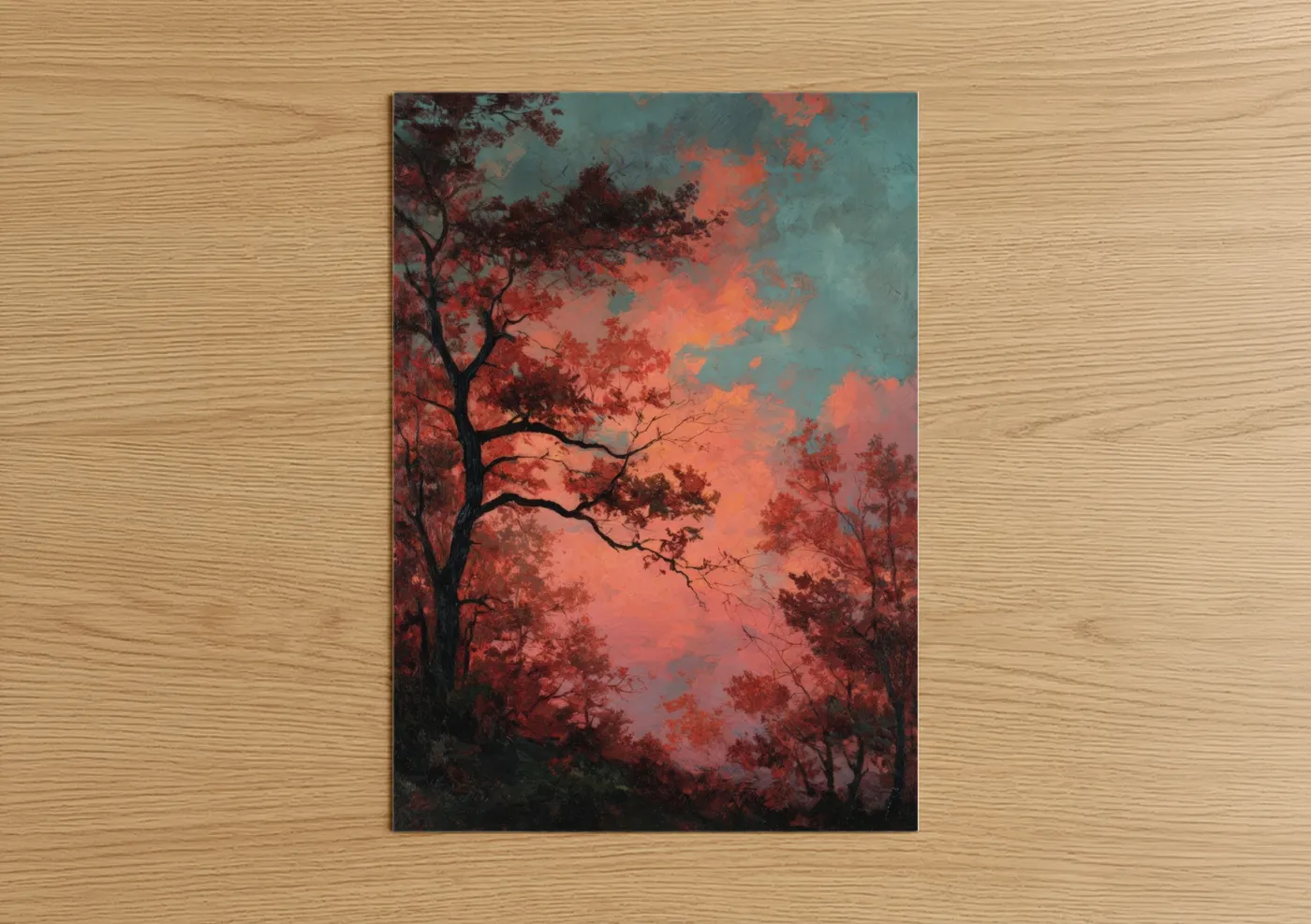 Art print on warm oak wood — red and teal palette — Crimson Oak Forest poster