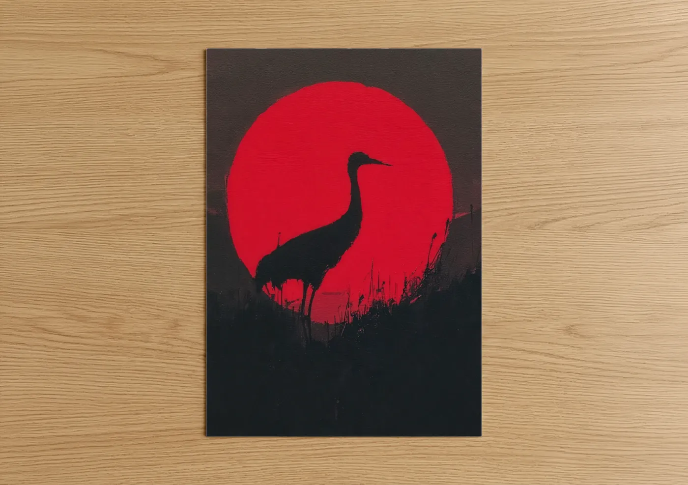 Crimson Sunset Crane Silhouette Wall Art