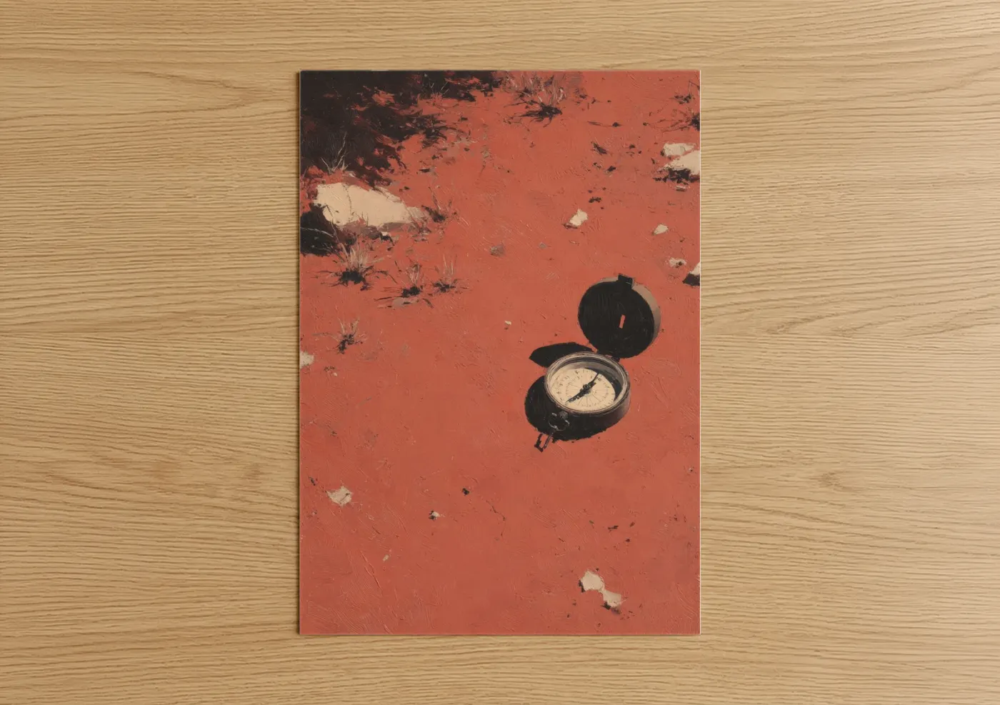 Art print on warm oak wood — russet and orange palette — Desert Compass poster