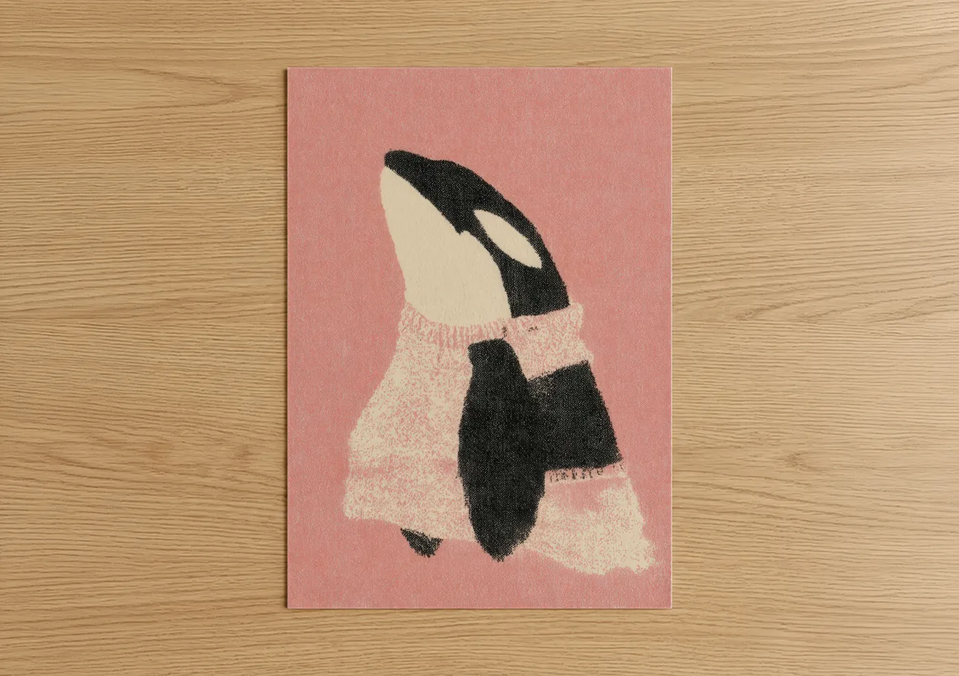 Orca whale art print on warm oak wood — salmon pink and cream palette — Cozy Orca poster