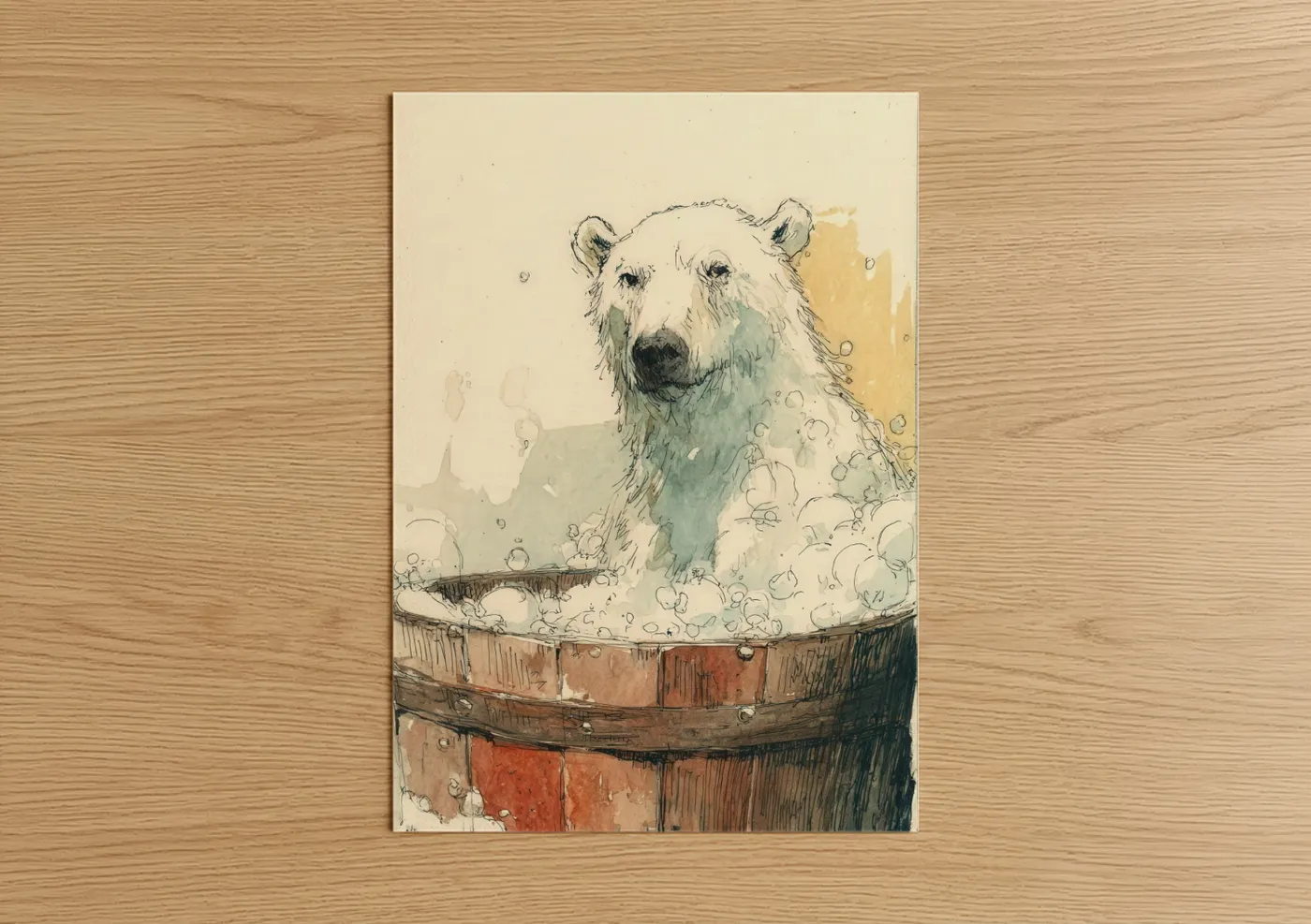 Whimsical Bathing Polar Bear Watercolor Wall Art