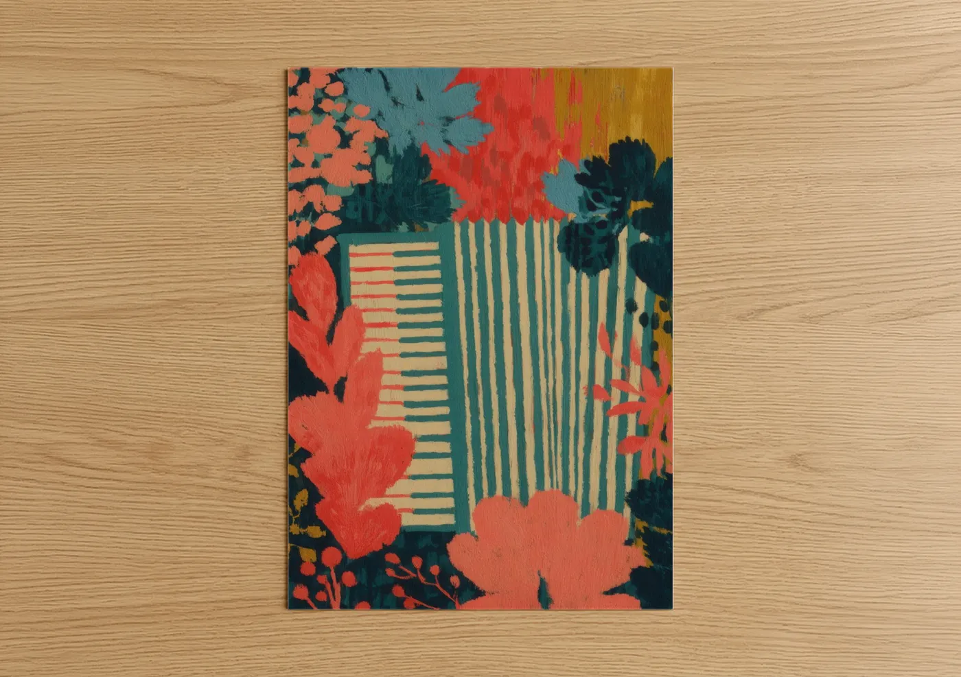 Art print on warm oak wood — red and teal palette — Vibrant Accordion Garden poster