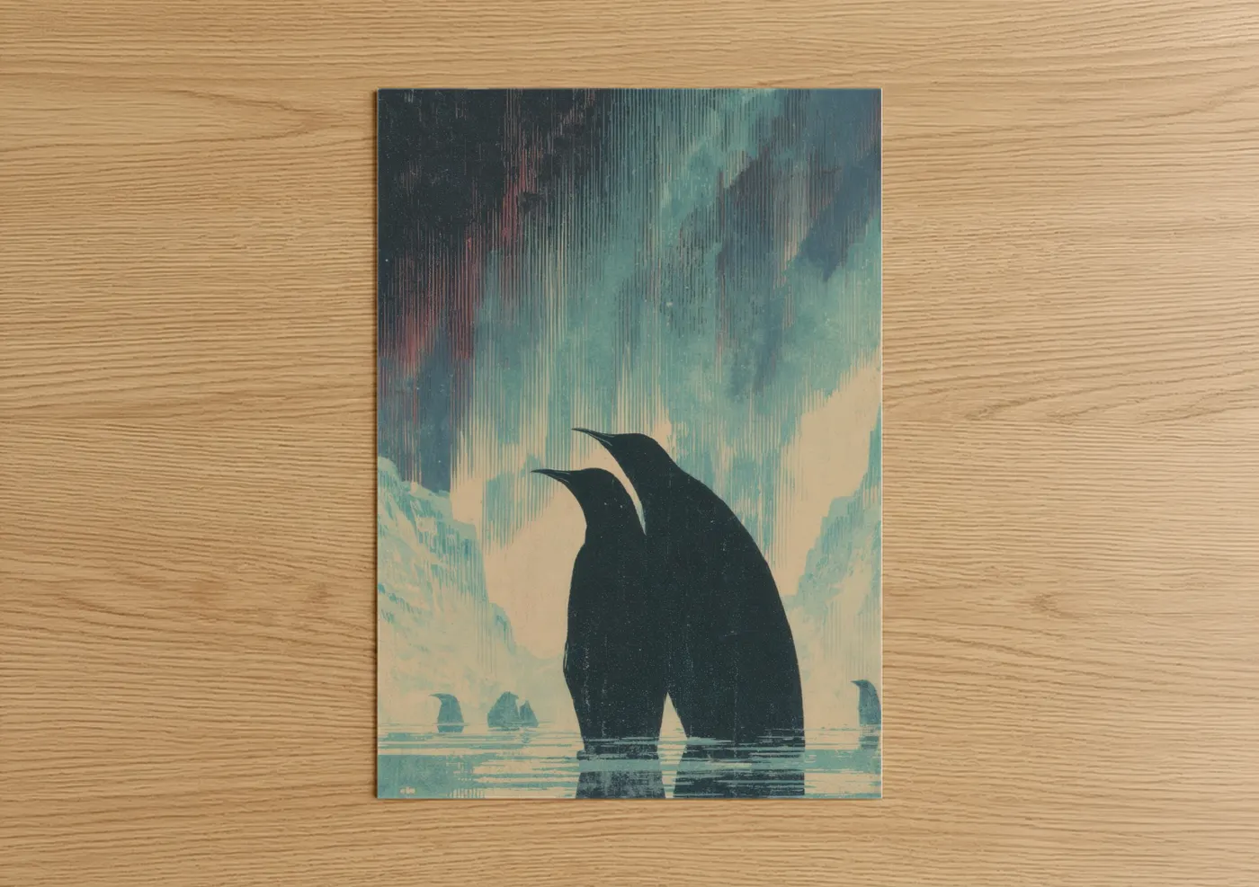 Animals in love art print on warm oak wood — teal and cream palette — Penguin Pair poster
