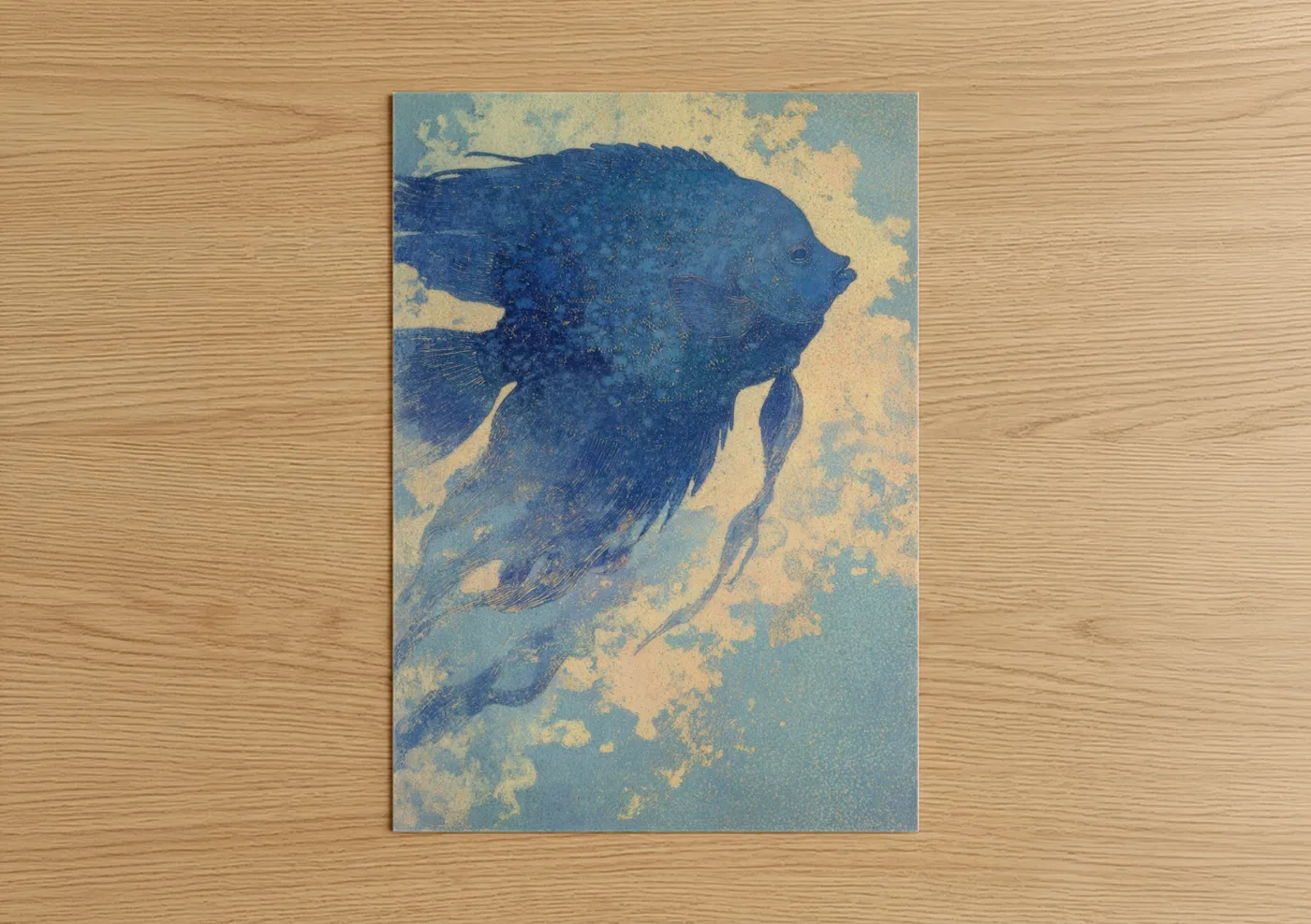 Art print on warm oak wood — blue and cream palette — Azure Discus Fish poster