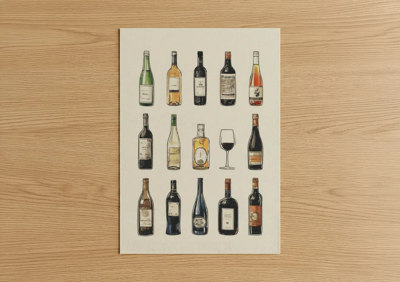 Wine Collection Vintage Bottles Illustration Wall Art