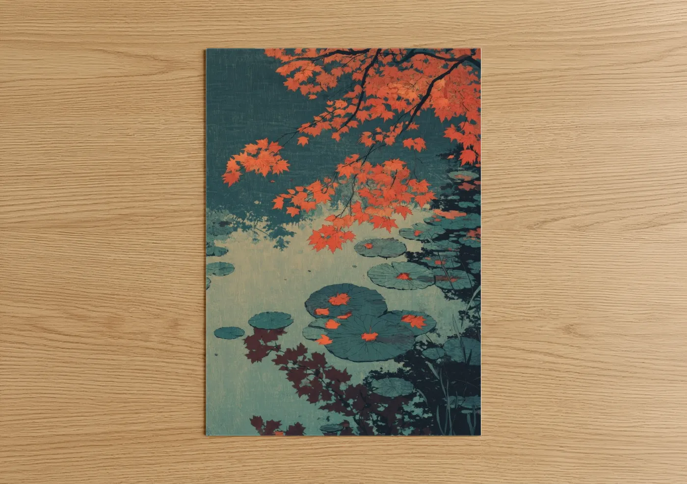Autumn Maple Leaves Over Pond Water Wall Art