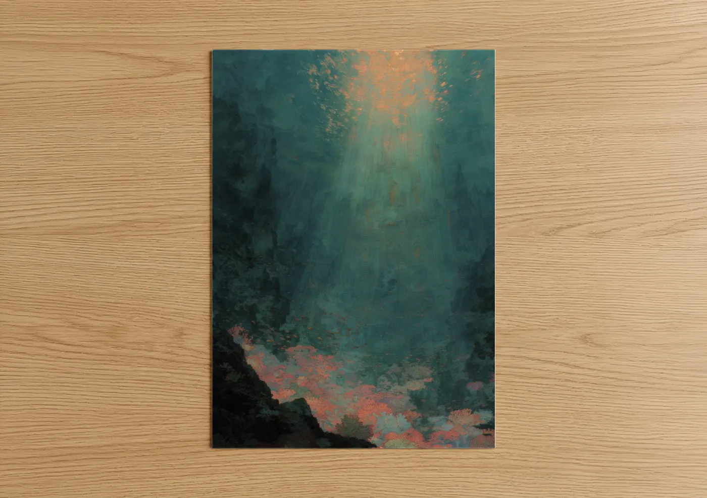 Art print on warm oak wood — teal and gold palette — Glowing Coral Cathedral poster