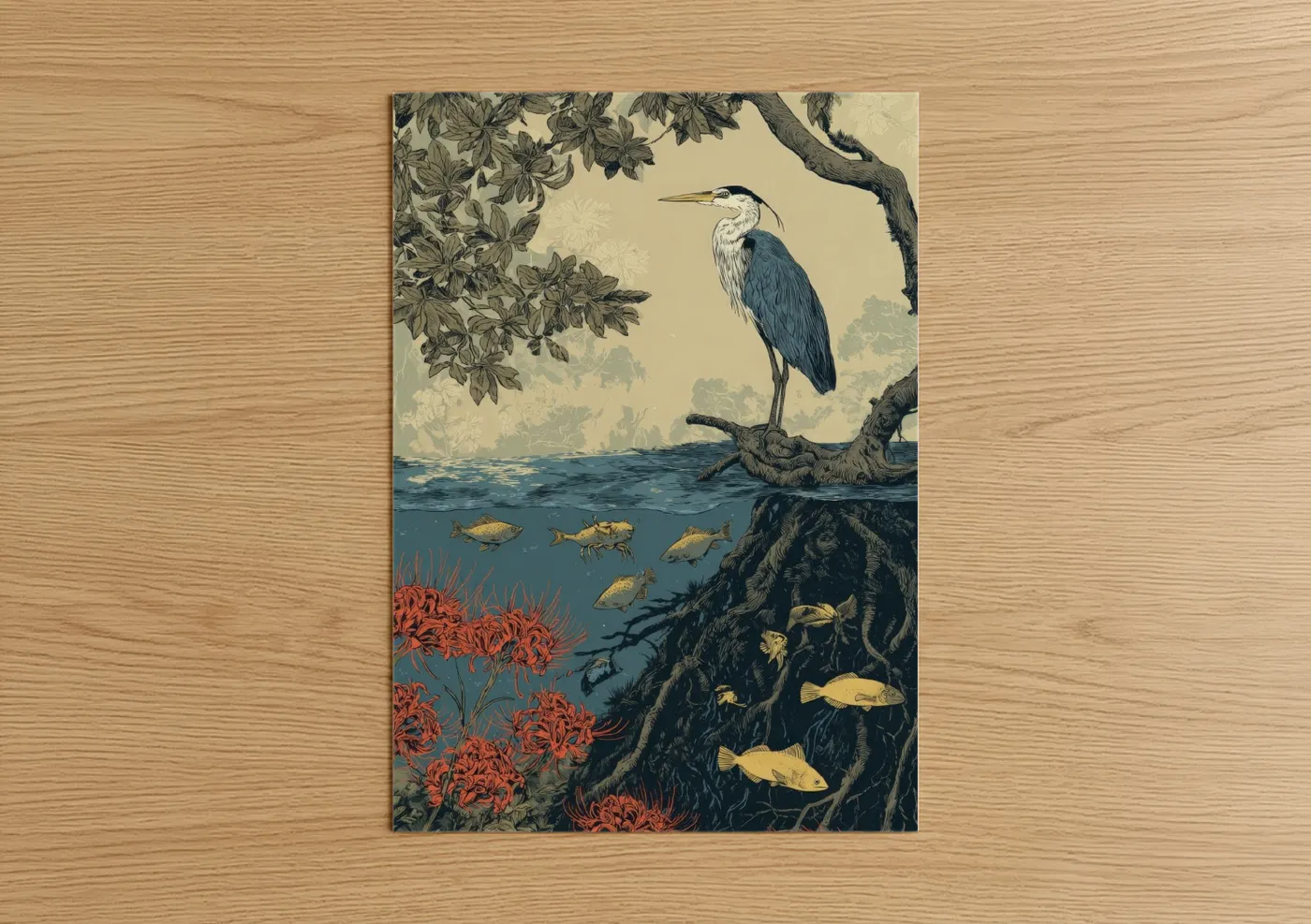 Heron Mangrove River Japanese Woodblock Wall Art