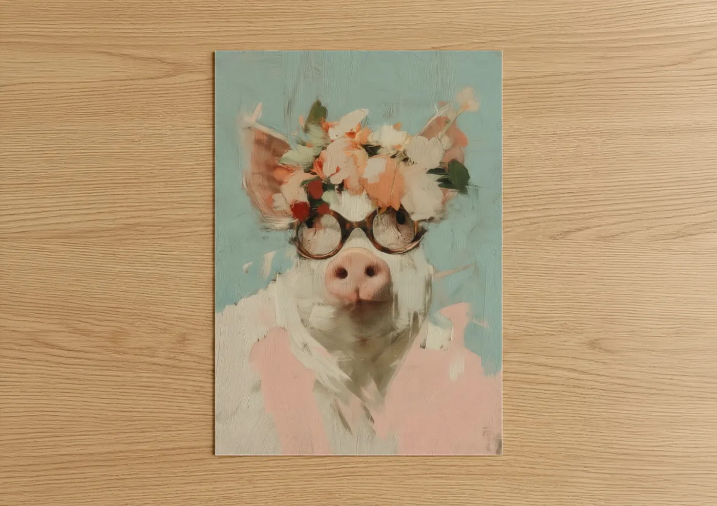 Art print on warm oak wood — peach and sage green palette — Flower Crown Pig poster