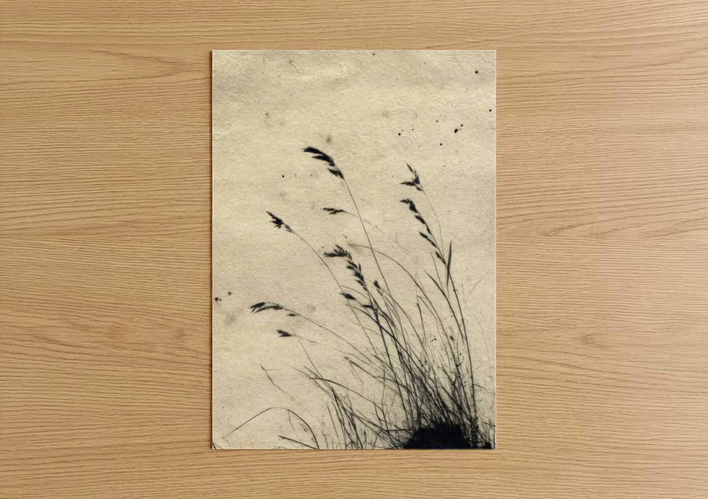 Art print on warm oak wood — black and white and cream palette — Windswept Grass poster