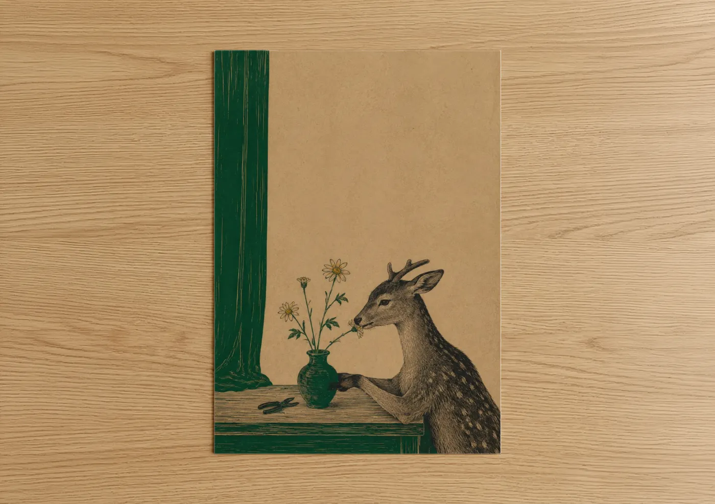 Art print on warm oak wood — beige and true green palette — Vintage Deer with Daisies Wall Art poster