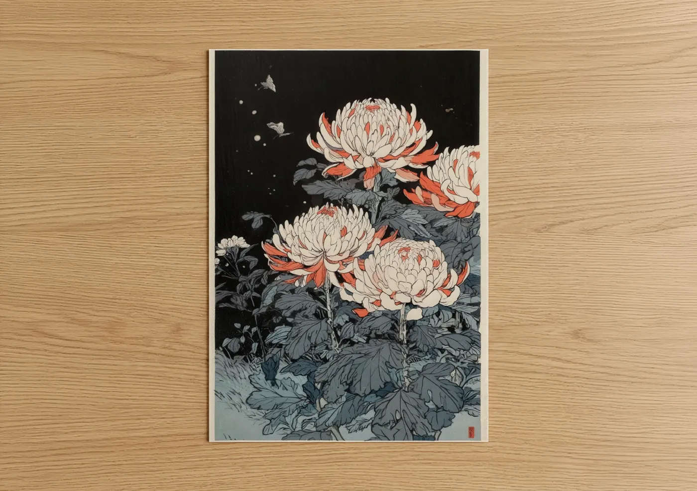 Coral Amarillys with Moths Night Garden Wall Art