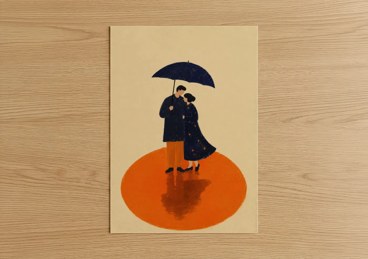 Art print on warm oak wood — orange and beige palette — Couple Under Umbrella Minimalist Wall Art poster