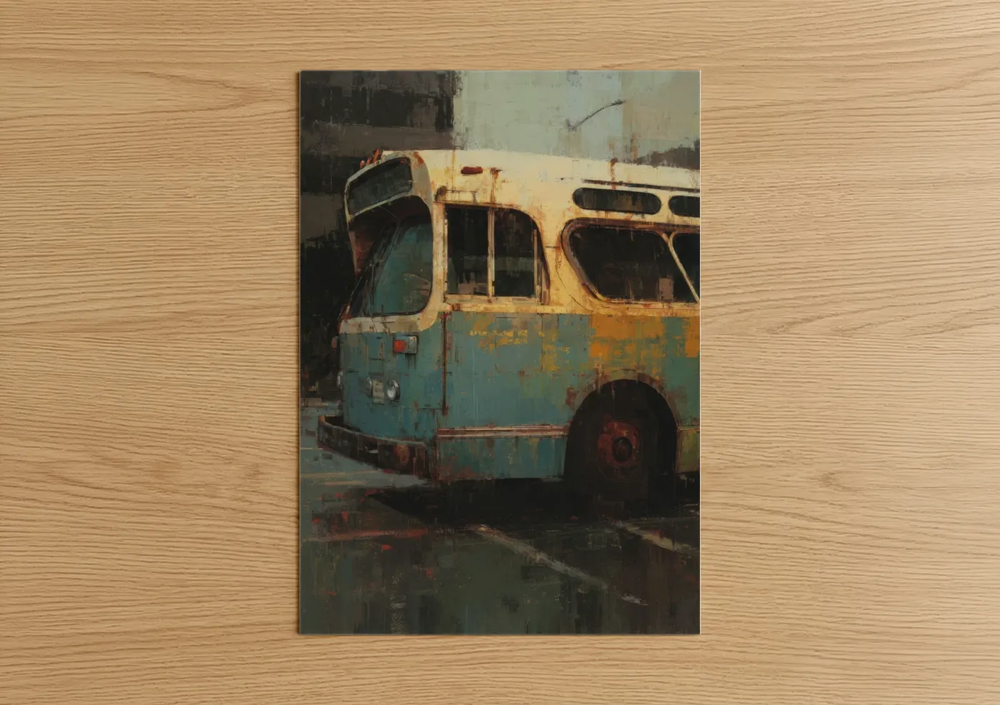 Art print on warm oak wood — teal and cream palette — Weathered Urban Bus poster
