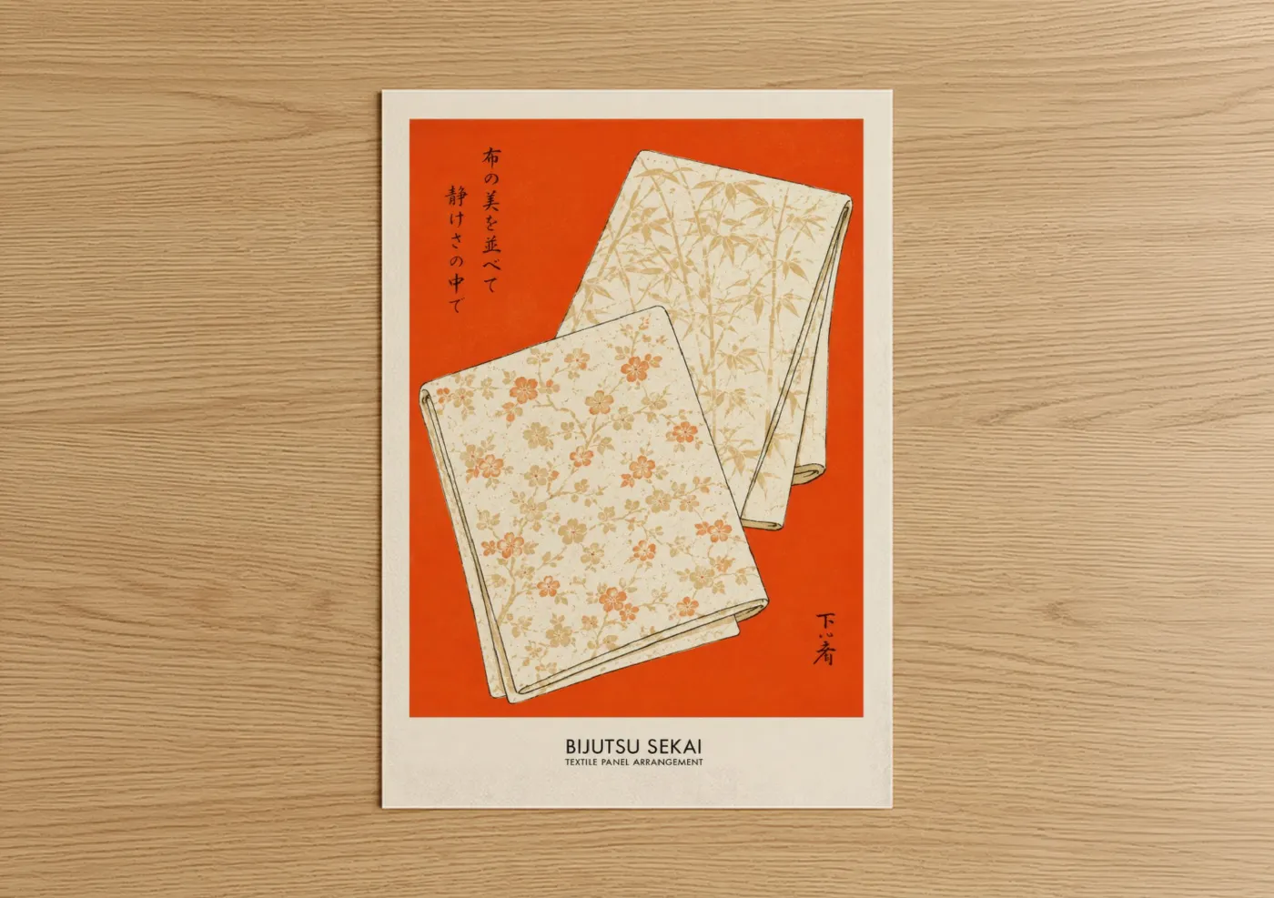 Art print on warm oak wood — orange and cream palette — Japanese Bamboo and Cherry Blossom Wall Art poster