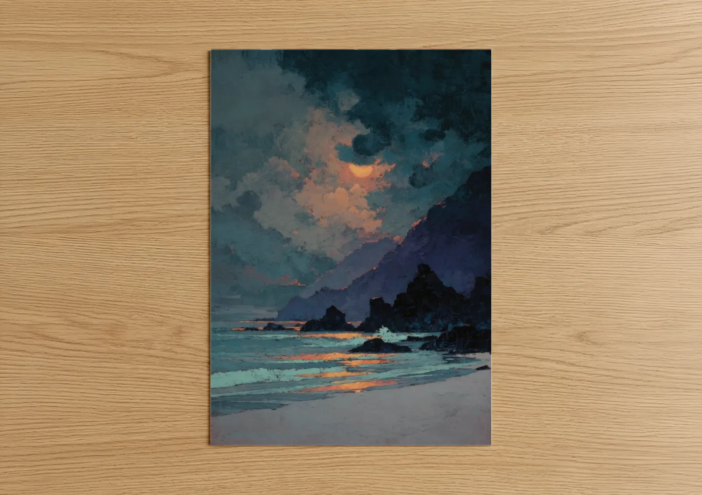 Sandy beach art print on warm oak wood — dark blue and orange palette — Coastal Sunset Drama poster