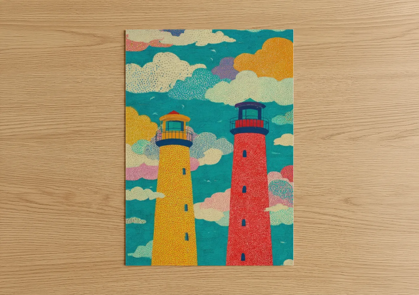 Art print on warm oak wood — teal and yellow gold palette — Colorful Lighthouse Pair poster