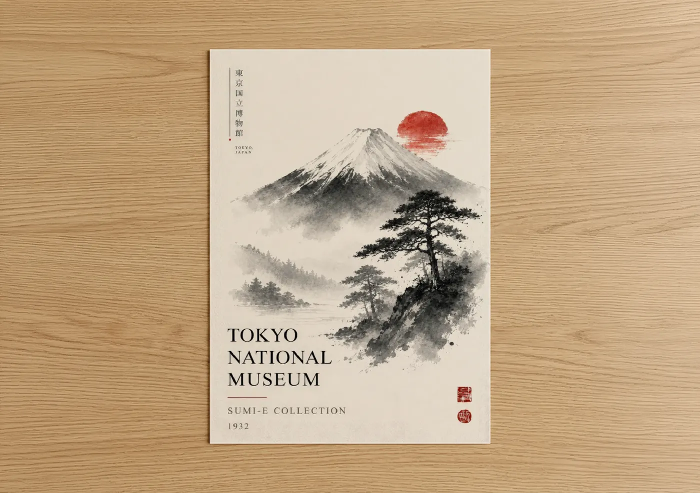 Art print on warm oak wood — black and white and red palette — Mount Fuji Sunrise Japanese Wall Art poster