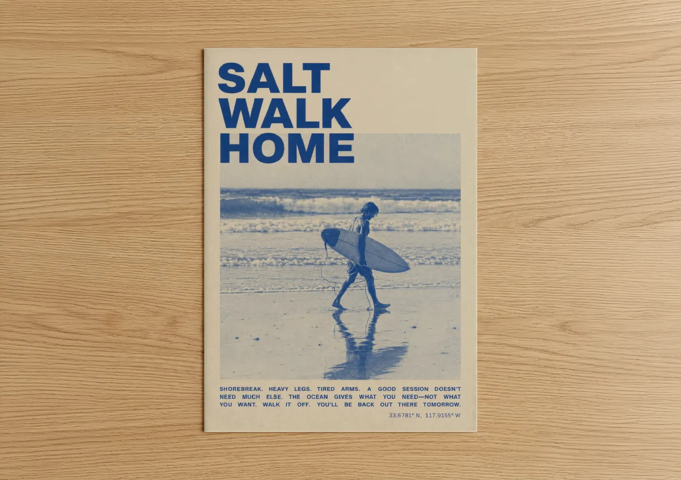 Surfing art print on warm oak wood — blue and cream palette — Surfer Walking Sandy Beach Wall Art poster