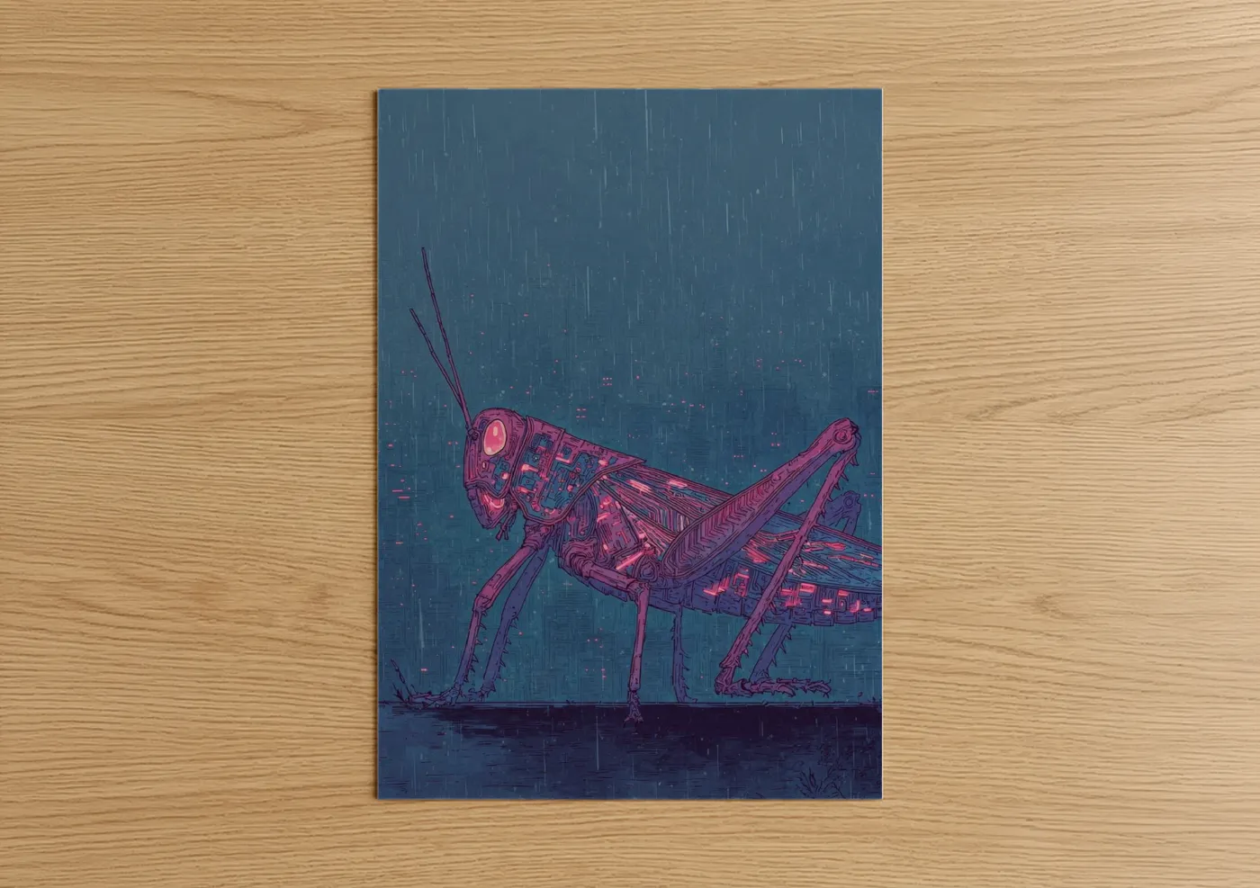 Neon Grasshopper Cyberpunk Illustration Wall Art