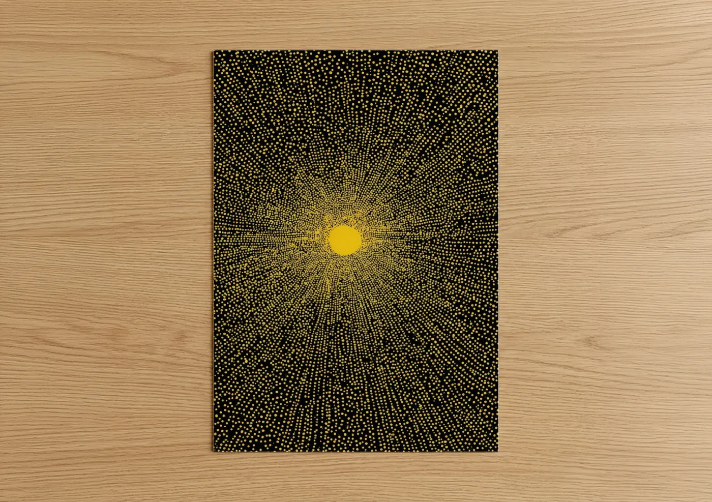 Art print on warm oak wood — gold and black palette — Radiant Supernova poster