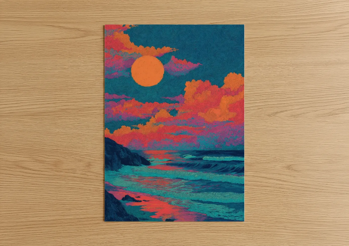 Vibrant Crimson Sunset Beach Waves Wall Art
