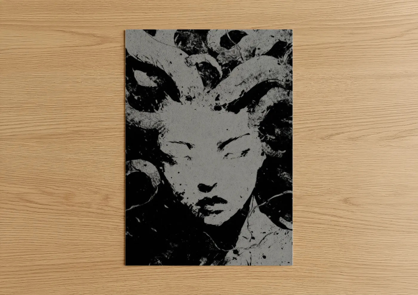 Art print on warm oak wood — black and white and gray palette — Serpent Gaze Medusa poster