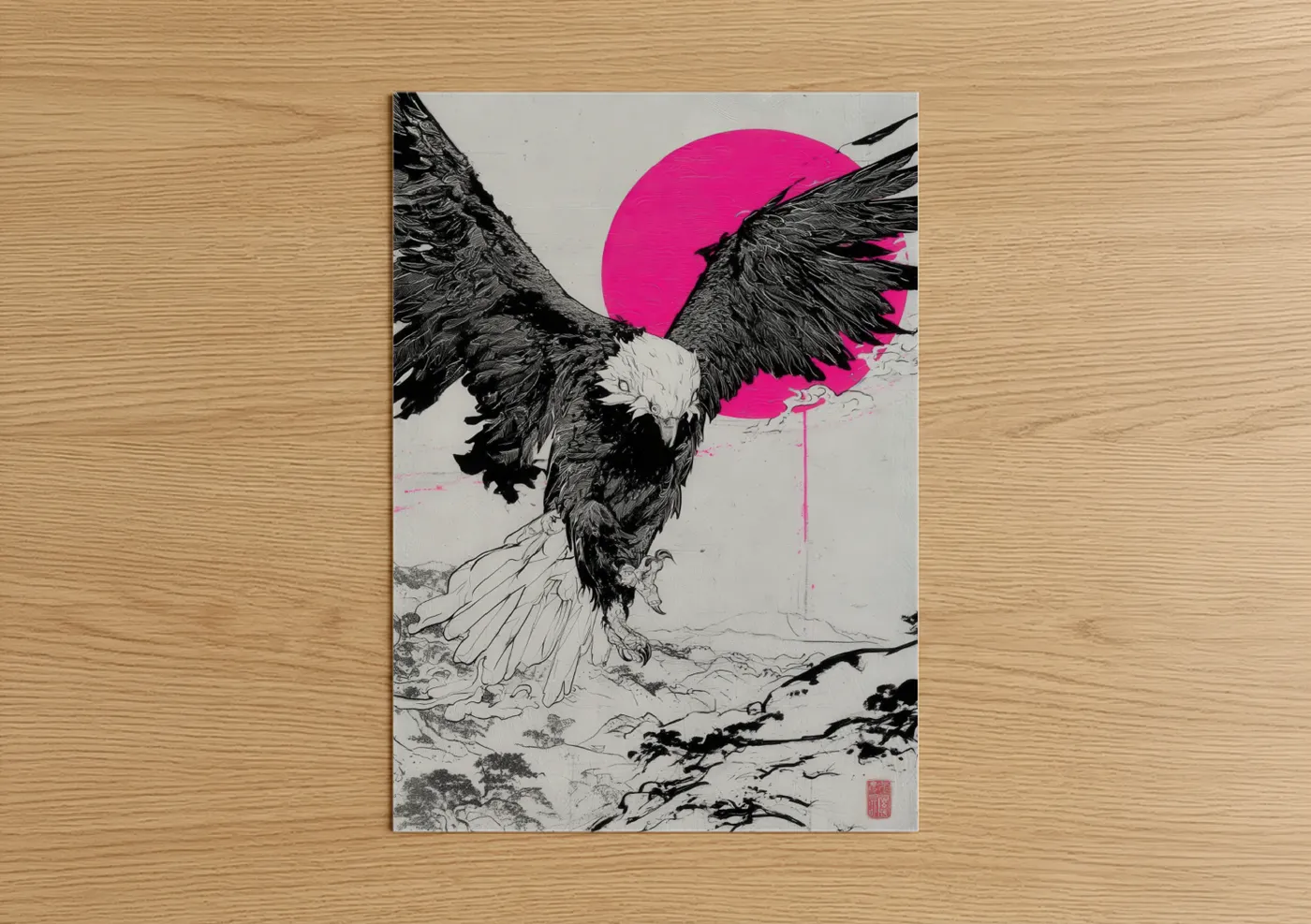 Art print on warm oak wood — black and white and magenta palette — Magenta Eagle Flight poster
