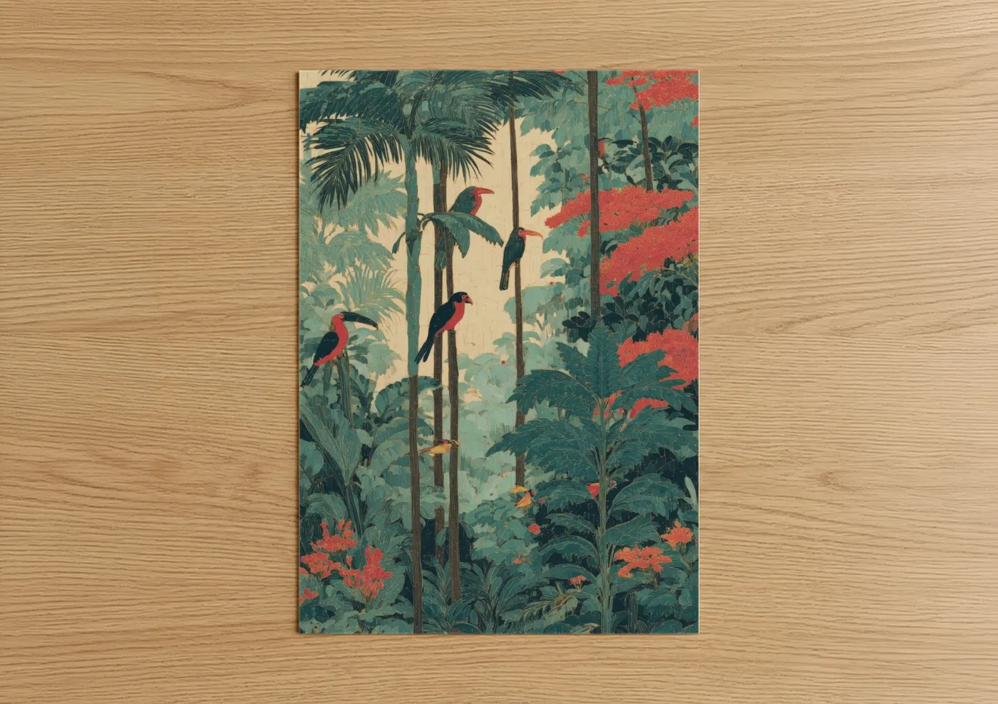 Palm forest art print on warm oak wood — dark green and red palette — Tropical Canopy Birds poster