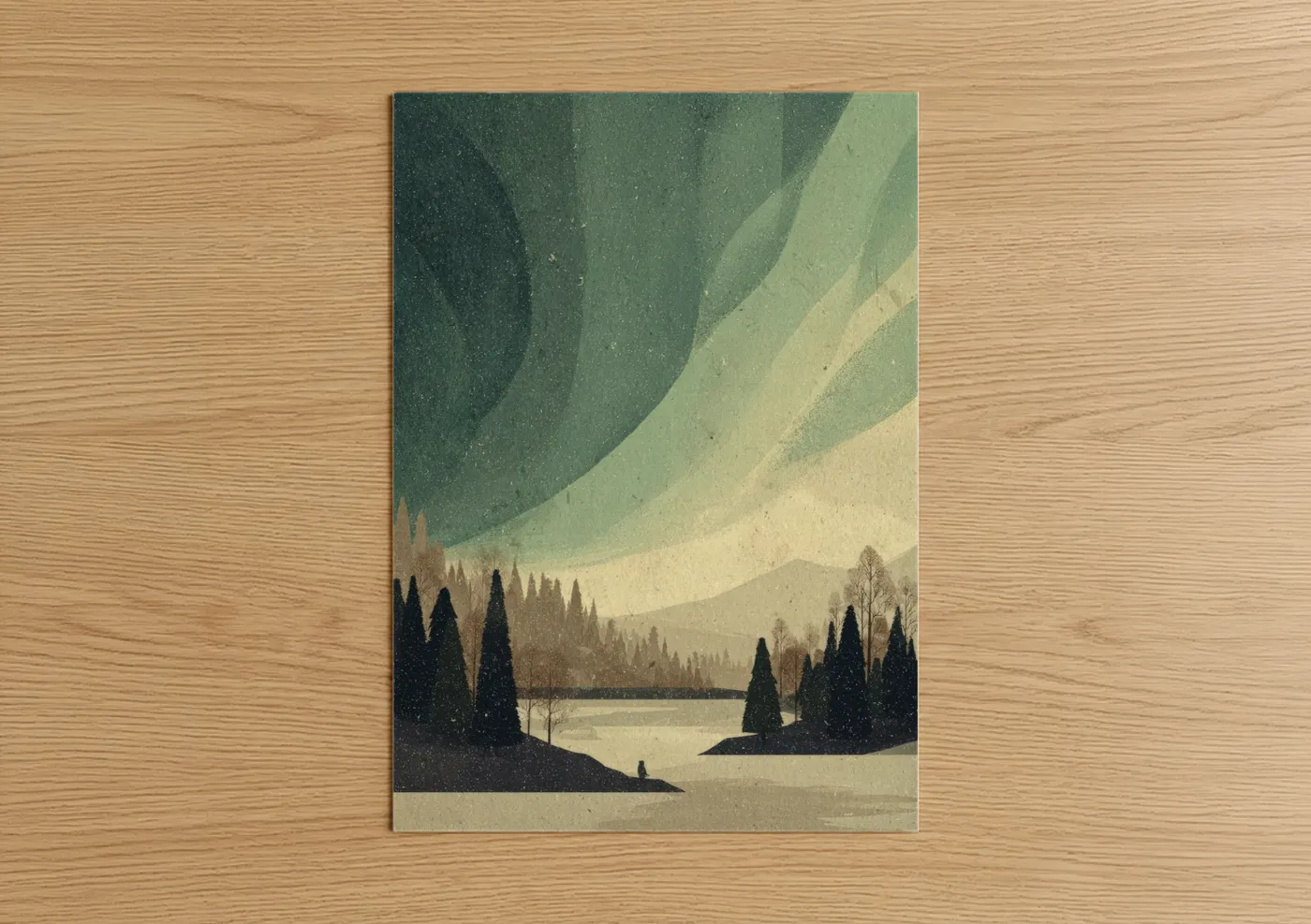 Northern lights art print on warm oak wood — sage green and cream palette — Aurora Winter Landscape poster