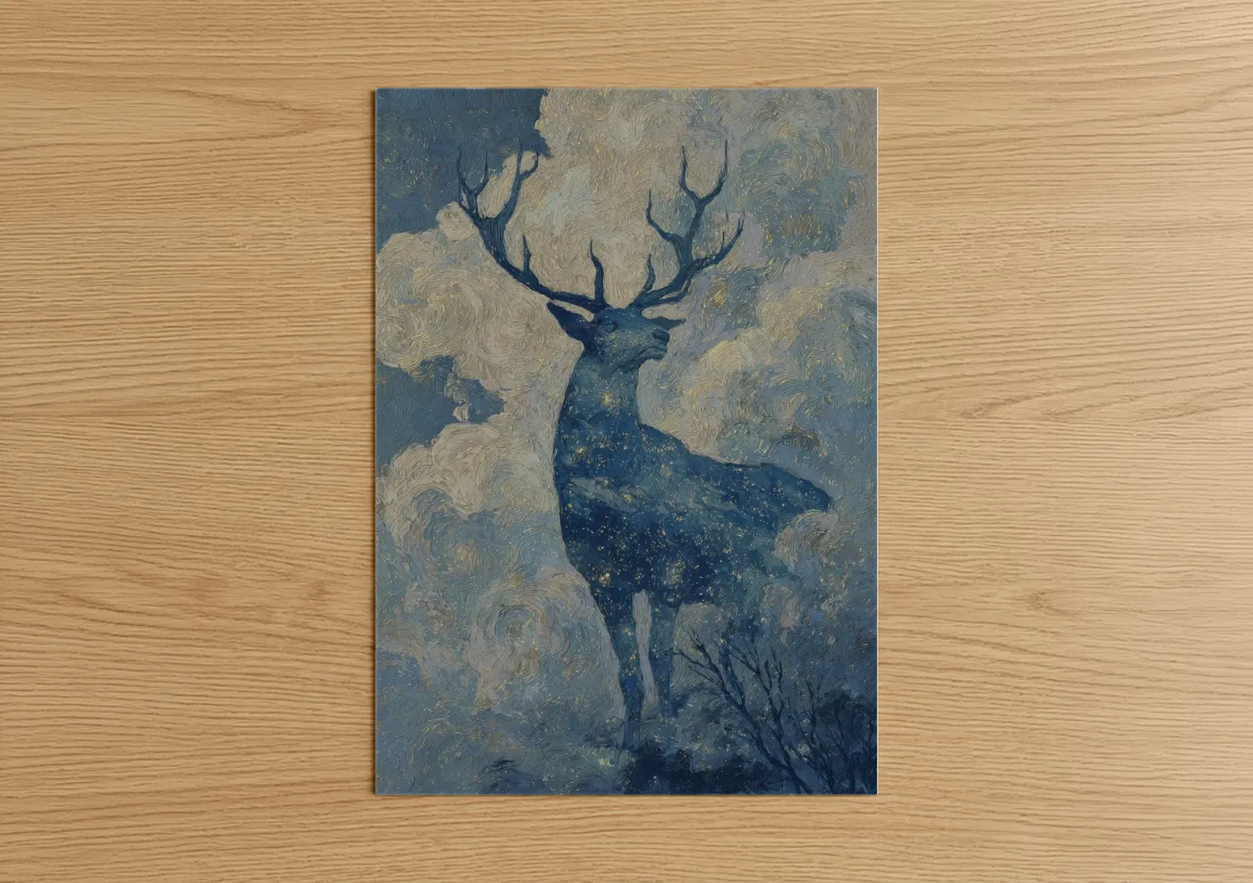 Art print on warm oak wood — dark blue and cream palette — Starlit Reindeer poster