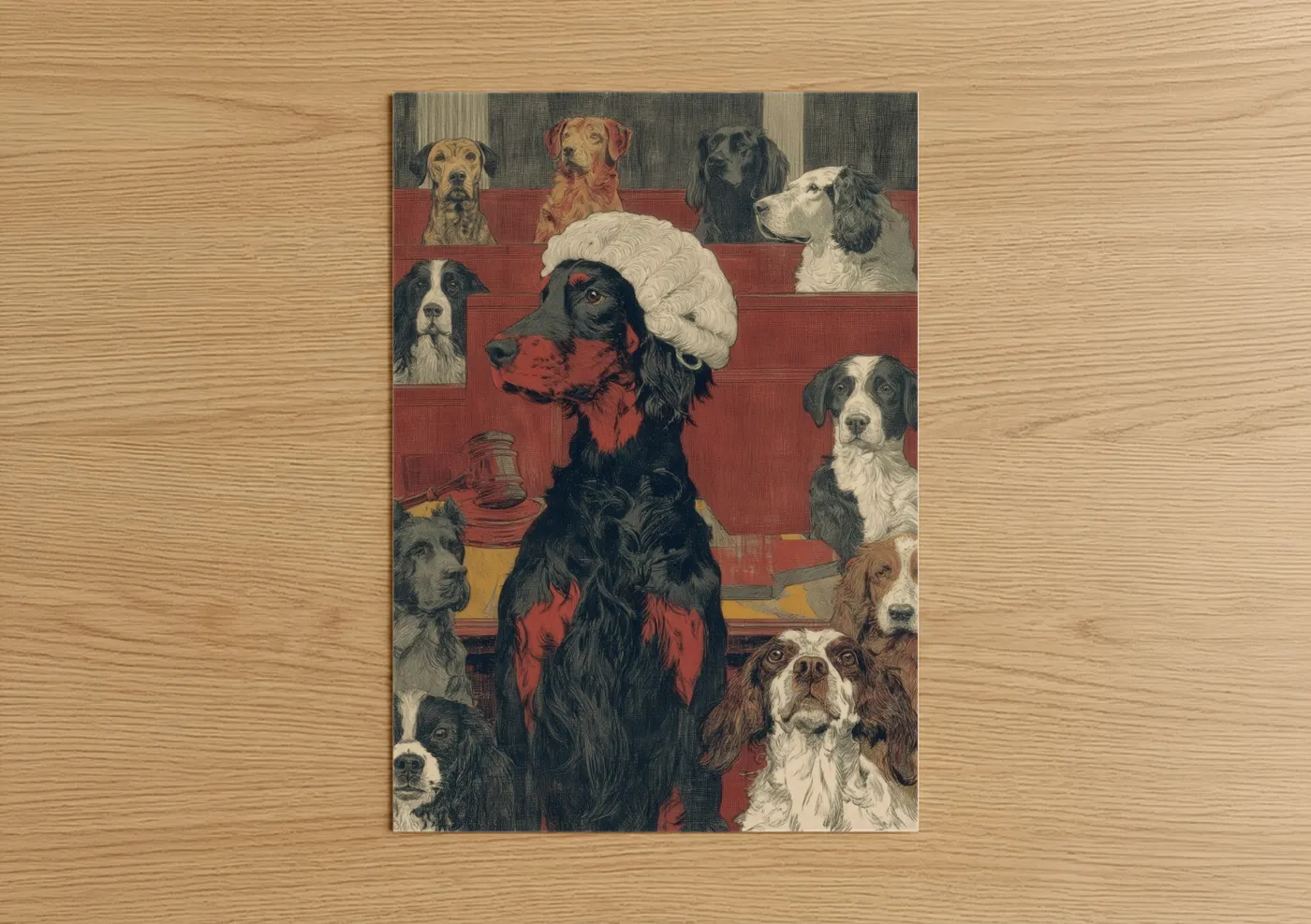 Art print on warm oak wood — red and black and white palette — Courtroom Setter poster