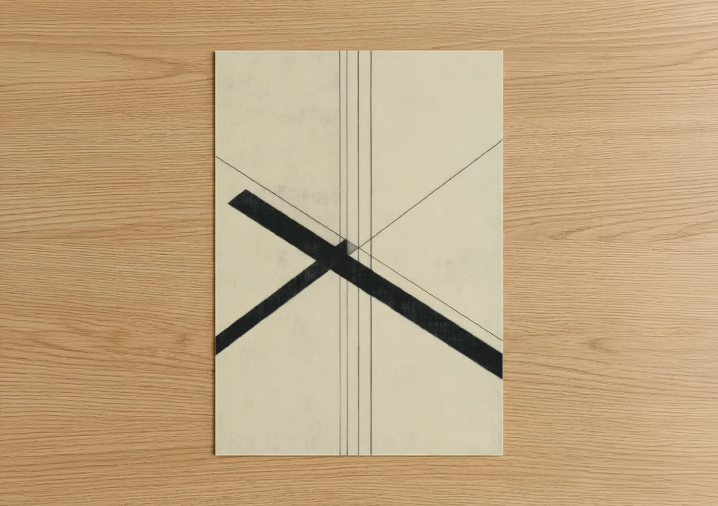 Abstract minimalist art print on warm oak wood — cream and black palette — Minimalist Geometry poster