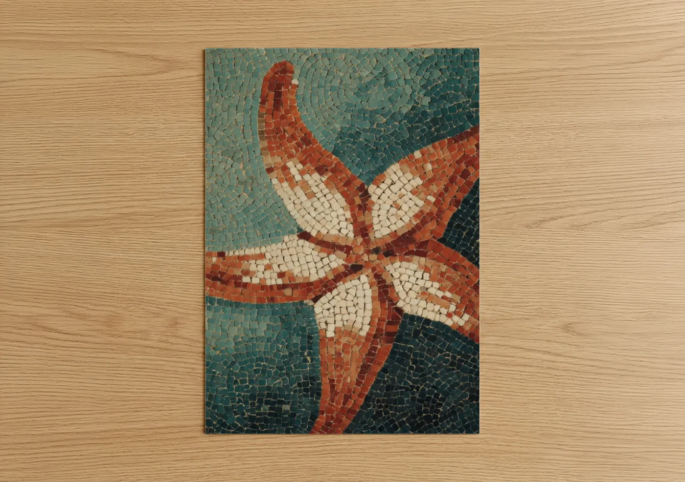 Art print on warm oak wood — teal palette — Coral Starfish Mosaic poster