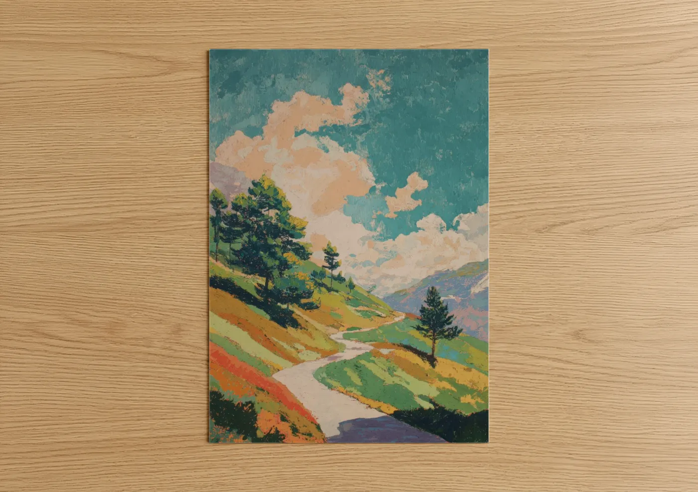 Alps art print on warm oak wood — peach and teal palette — Alpine Valley Path poster