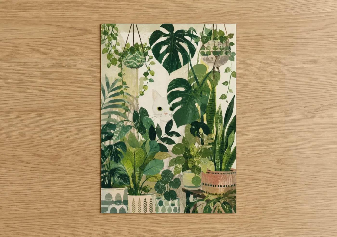 Art print on warm oak wood — true green and cream palette — White Cat in Jungle Garden Wall Art poster