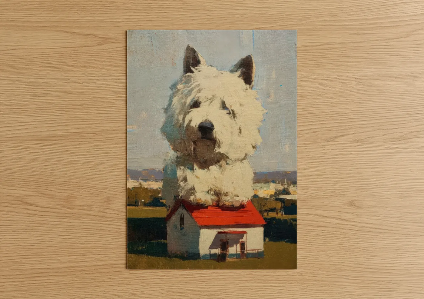 Art print on warm oak wood — cream and sage green palette — Quirky Terrier Monument poster