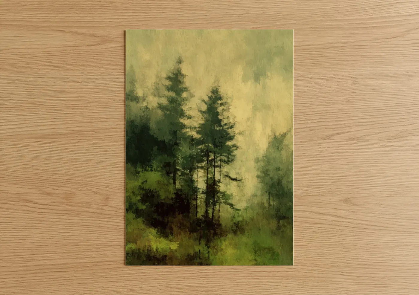 Art print on warm oak wood — light green and cream palette — Misty Cedar Forest poster