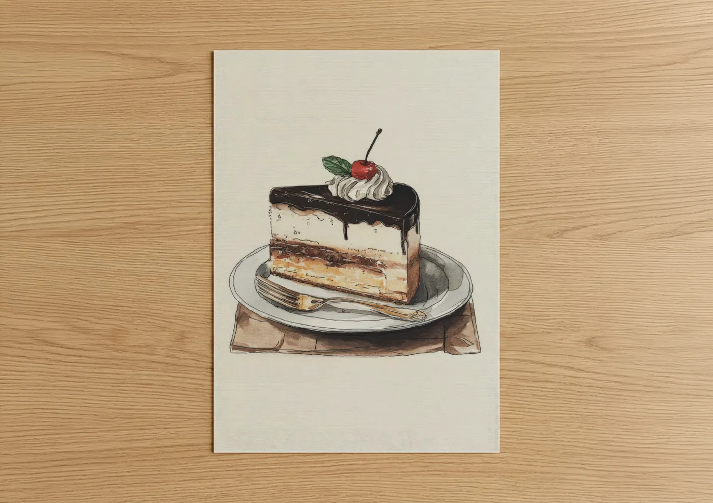 Elegant Chocolate Cake Slice Illustration Wall Art