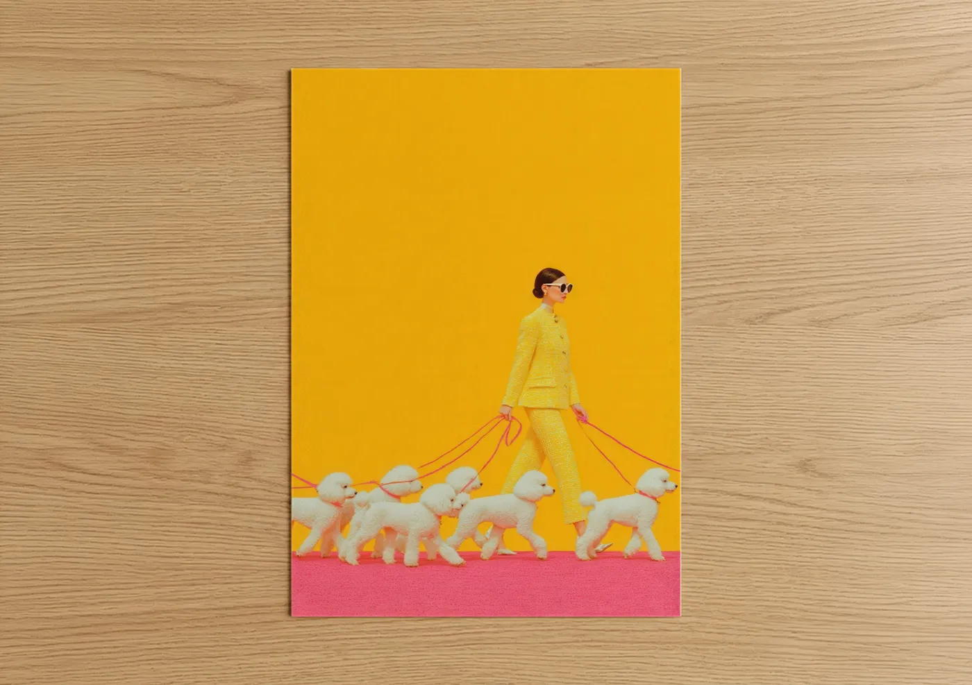 Women's fashion art print on warm oak wood — yellow gold and pink palette — Yellow Power Walk poster
